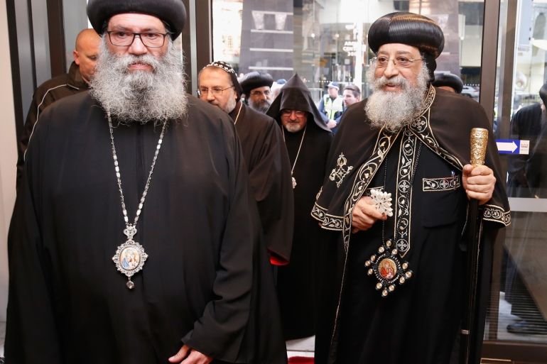 MELBOURNE, AUSTRALIA - SEPTEMBER 10: HG Bishop Suriel and Pope Tawardros II enter the new Coptic Church on September 10, 2017 in Melbourne, Australia. Pope Tawardros II is on a 10 day pastoral tour, visiting Melbourne, Sydney and Canberra. Australia is home to the third largest Coptic community outside Egypt. Copts began arriving in Australia in 1969 and there are now over 100,000 who call Australia home. Sydney has some 70,000, and its Diocese now comprises 41 churches, 70 priests, three schools, two monasteries and two Theological Colleges. (Photo by Darrian Traynor/Getty Images)