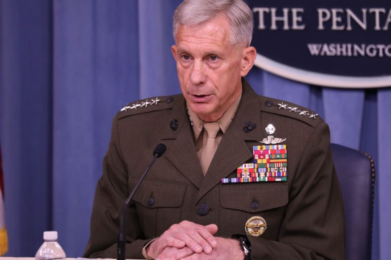 Press Briefing in Pentagon- - WASHINGTON, USA - MAY 10: U.S. Marine Corps General Thomas Waldhauser, Assistant Secretary of Defense for International Security Affairs in the Department of Defense Robert Karem and Major General Roger L. Cloutier stage a press briefing at the Pentagon in Washington, USA on May 10, 2018.