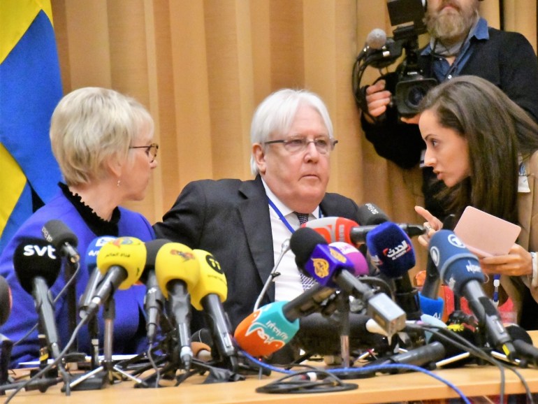 Yemen peace talks start in Sweden- - STOCKHOLM, SWEDEN - DECEMBER 6: Foreign Minister of Sweden Margot Wallstrom (L) and UN special envoy to Yemen Martin Griffiths (2nd L) attend a press conference during the opening session of Yemen peace talks in Rimbo town of Stockholm, Sweden, on December 6, 2018.