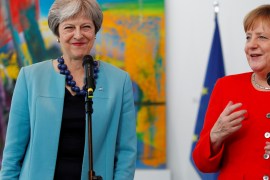 German Chancellor Angela Merkel receives Britain's Prime Minister Theresa May in Berlin, Germany, July 5 2018. REUTERS/Axel Schmidt