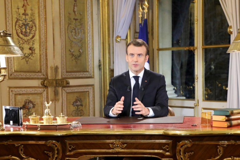 French President Emmanuel Macron speaks during a special address to the nation, his first public comments after four weeks of nationwide 'yellow vest' (gilet jaune) protests, at the Elysee Palace, in Paris, France December 10, 2018. Picture taken December 10, 2018. Ludovic Marin/Pool via REUTERS