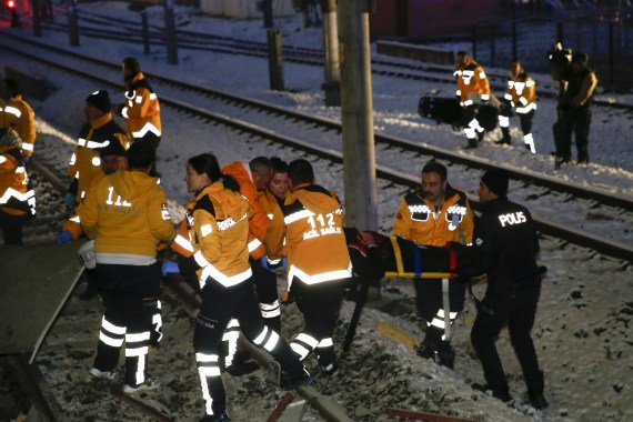 High-speed train crashes in Turkish capital Ankara- - ANKARA, TURKEY - DECEMBER 13 : Rescue workers evacuate injured passengers after high-speed train crashed in Turkish capital Ankara on December 13, 2018.