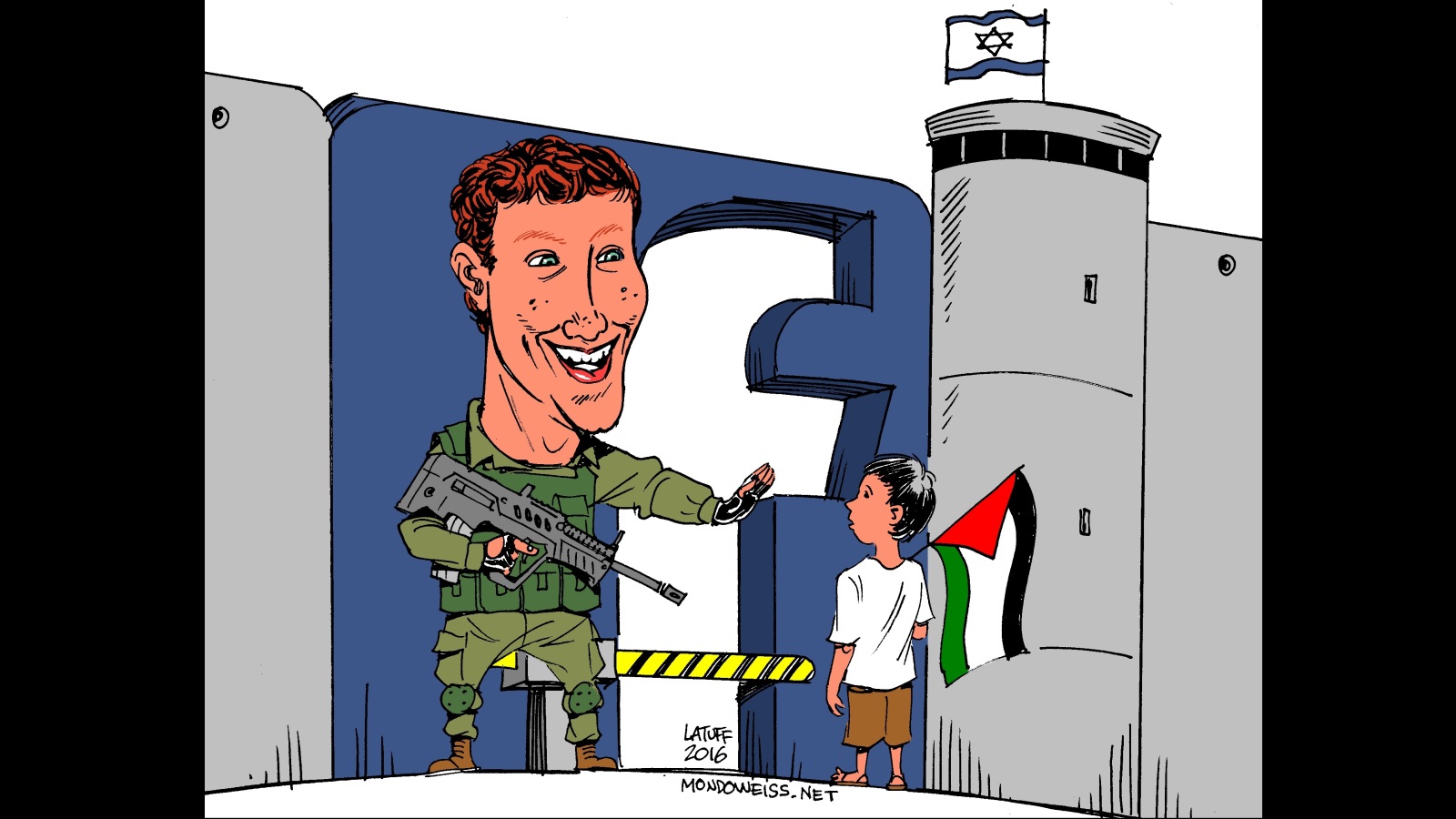 رسم ساخر يصور رئيس فيسبوك بلباس جندي إسرائيلي يمنع فلسطينيا من دخول بوابة قلعة فيسبوك (مواقع التواصل الاجتماعي)