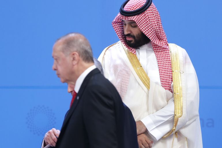 BUENOS AIRES, ARGENTINA - NOVEMBER 30: Crown Prince of Saudi Arabia Mohammad bin Salman al-Saud and President of Turkey Recep Tayyip Erdogan during the family photo on the opening day of Argentina G20 Leaders' Summit 2018 at Costa Salguero on November 30, 2018 in Buenos Aires, Argentina. (Photo by Daniel Jayo/Getty Images)