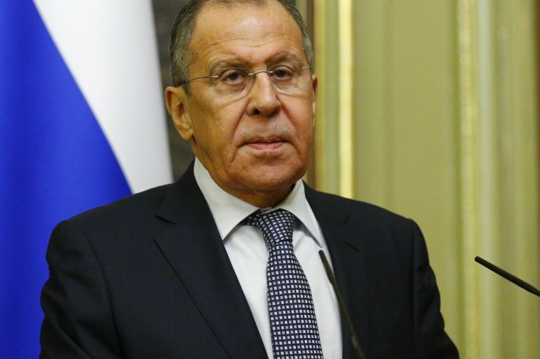 Jordanian Foreign Minister Ayman Safadi in Moscow - - MOSCOW, RUSSIA - DECEMBER 28: Russian Foreign Minister Sergey Lavrov and Jordanian Foreign Minister Ayman Safadi (not seen) attend a news conference following their meeting in Moscow, Russia on December 28, 2018.
