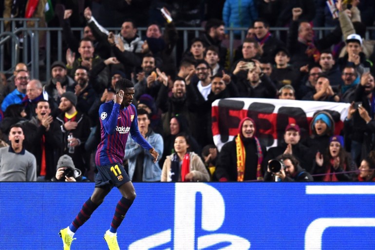 BARCELONA, SPAIN - DECEMBER 11: Ousmane Dembele of Barcelona celebrates after scoring his team's first goal during the UEFA Champions League Group B match between FC Barcelona and Tottenham Hotspur at Camp Nou on December 11, 2018 in Barcelona, Spain. (Photo by Alex Caparros/Getty Images)