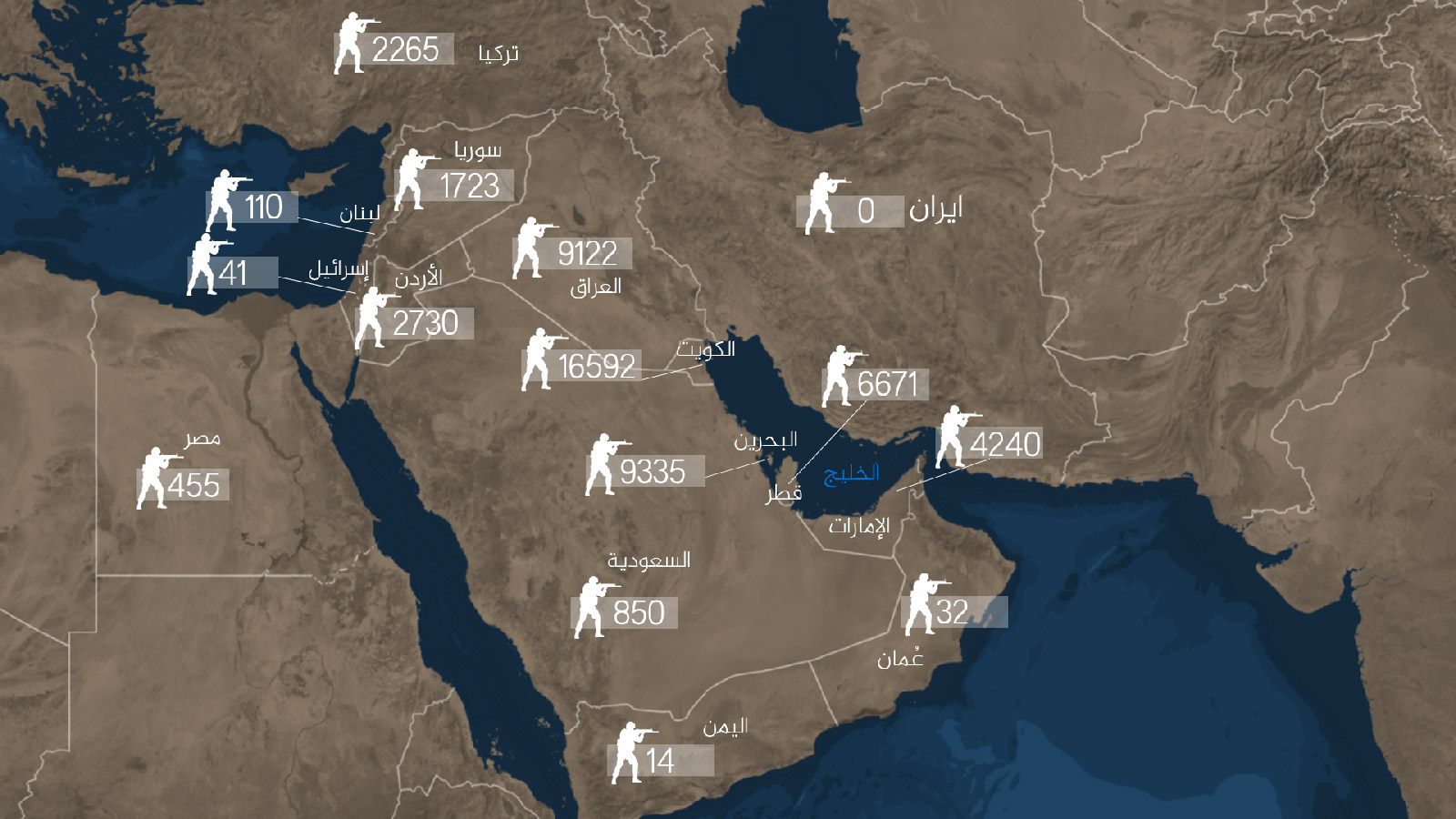 ‪خريطة انتشار القوات الأميركية في الشرق الأوسط‬ (مركز تشاتام هاوس)