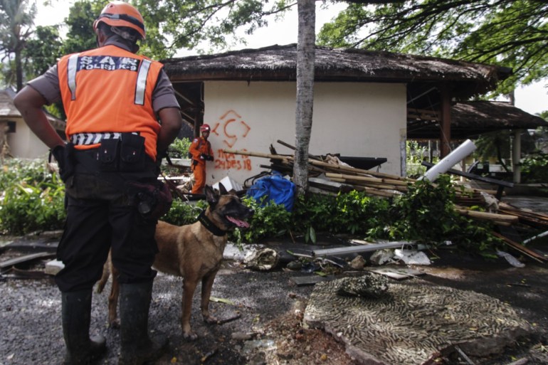 Finding process of tsunami victim in Banten- - BANTEN, INDONESIA, DECEMBER 24: A police officer conducts the searching for victims of tsunami waves that hit the coast of Banten and Lampung in the Tanjung Lesung Resort Beach, Banten, Indonesia area on December 24, 2018. The data collected by the National Disaster Management Agency (BNPB) recorded 373 people died, 1459 people injured and 128 people missing, as a result of the tsunami hit the Banten and Lampung regions on December 22.