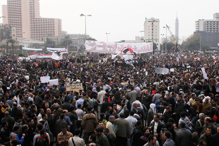 CAIRO, EGYPT - FEBRUARY 01: Thousands chant anti-government slogans during a massive rally in Tahrir Square February 1, 2011 in Cairo, Egypt. Protests in Egypt continued with the largest gathering yet, with many tens of thousands assembling in central Cairo, demanding the ouster of Egyptian President Hosni Mubarek. (Photo by Chris Hondros/Getty Images)