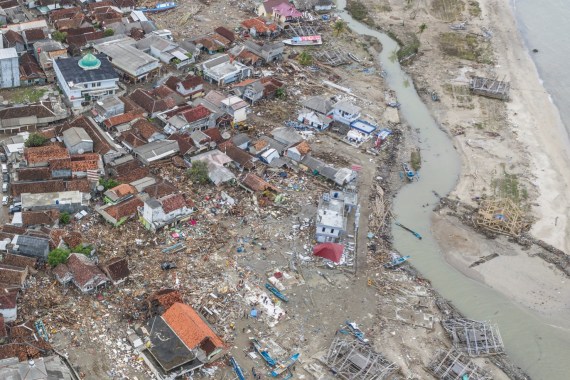An aerial view of an affected area after a tsunami hit Sunda strait at Sumur village in Pandeglang, Banten province, Indonesia, December 25, 2018 in this photo taken by Antara Foto. Antara Foto/Muhammad Adimaja/via REUTERS ATTENTION EDITORS - THIS IMAGE WAS PROVIDED BY A THIRD PARTY. MANDATORY CREDIT. INDONESIA OUT.