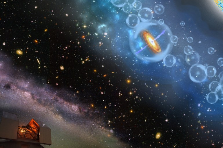 Artist's conceptions of the most-distant supermassive black hole ever discovered, which is part of a quasar from just 690 million years after the Big Bang, surrounded by neutral hydrogen, indicating that it is from the period called the epoch of reionization, when the universe's first light sources turned on is shown in this illustration released on December 6, 2017. Courtesy Robin Dienel/Carnegie Institution for Science/Handout via REUTERS ATTENTION EDITORS - THIS