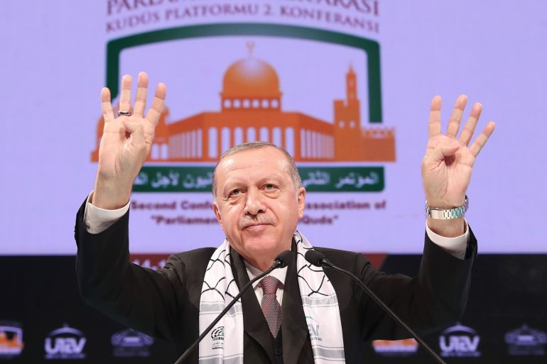 Turkish President Recep Tayyip Erdogan- - ISTANBUL, TURKEY - DECEMBER 14: Turkish President Recep Tayyip Erdogan delivers a speech during the 2nd Conference of Inter-parliamentary platform on Jerusalem in Istanbul, Turkey on December 14, 2018.