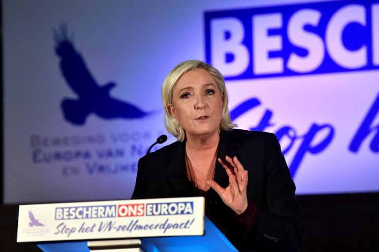 Marine Le Pen delivers a speech during a meeting with Steve Bannon (not pictured) to discuss the Marrakesh Treaty in Brussels, Belgium, December 8, 2018. REUTERS/Eric Vidal