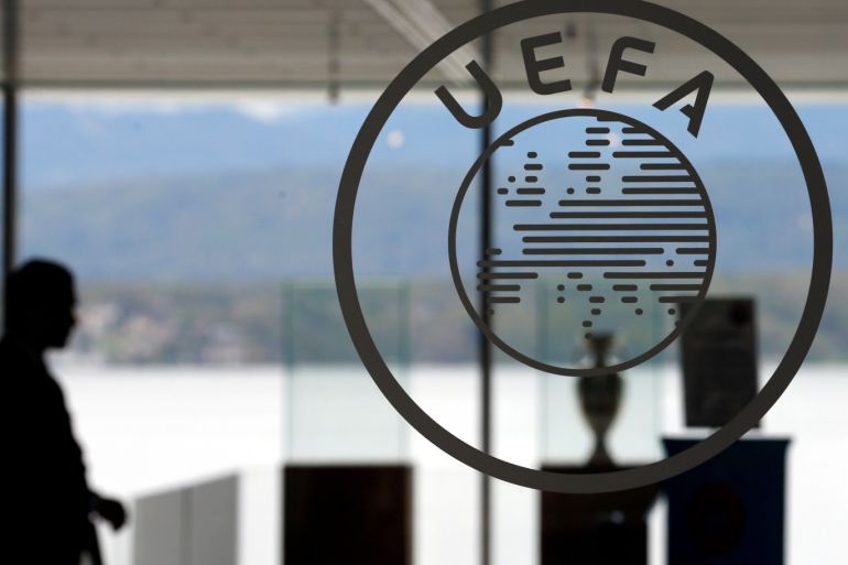 A logo is pictured on UEFA headquarters in Nyon, Switzerland, April 15, 2016. REUTERS/Denis Balibouse