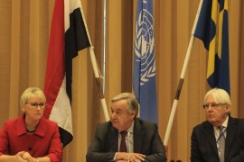 Yemen peace talks in Sweden- - STOCKHOLM, SWEDEN - DECEMBER 12: UN Secretary-General Antonio Guterres (C), UN special envoy to Yemen Martin Griffiths (R) and Foreign Minister of Sweden Margot Wallstrom (L) attend a press conference during the closing session of Yemen peace talks in Rimbo town of Stockholm, Sweden, on December 12, 2018.