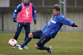 Yokohama FC's Japanese striker Kazuyoshi Miura, oldest footballer to score competitive goal, takes part in a training session in Yokohama, Japan, March 21, 2017. REUTERS/Toru Hanai