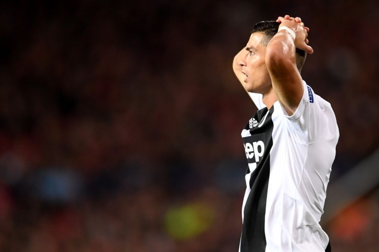 MANCHESTER, ENGLAND - OCTOBER 23: Cristiano Ronaldo of Juventus reacts during the Group H match of the UEFA Champions League between Manchester United and Juventus at Old Trafford on October 23, 2018 in Manchester, United Kingdom. (Photo by Laurence Griffiths/Getty Images)