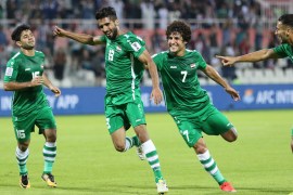 epa07277540 Bashar Resan Bonyan (2-L) of Iraq celebrates scoring the 2-0 goal during the 2019 AFC Asian Cup group D soccer match between Yemen and Iraq in Sharjah, United Arab Emirates, 12 January 2019. EPA-EFE/MAHMOUD KHALED