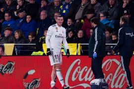 VILLAREAL, SPAIN - JANUARY 03: Gareth Bale of Real Madrid CF reacts as he need medical assistance during the La Liga match between Villarreal CF and Real Madrid CF at Estadio de la Ceramica on January 03, 2019 in Villarreal, Spain. (Photo by Alex Caparros/Getty Images)