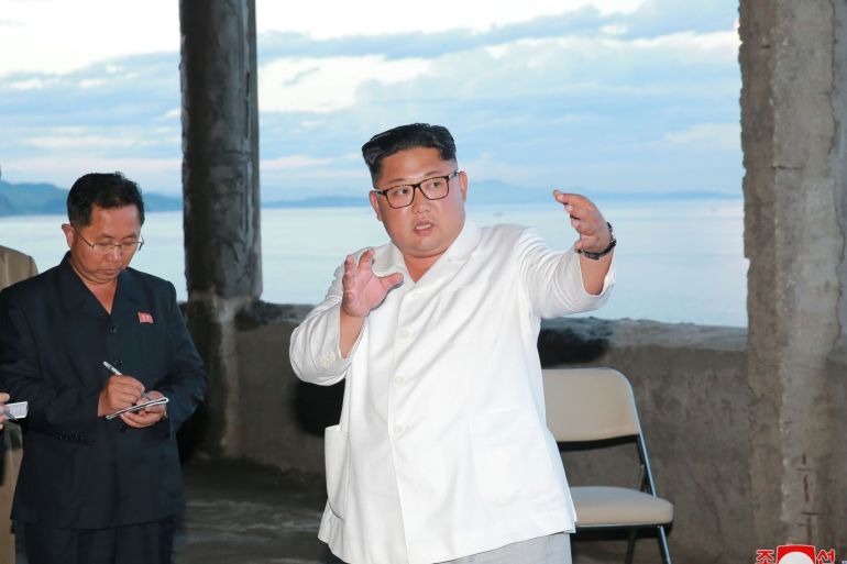 North Korean leader Kim Jong-un gives field guidance during his visit to the under construction Yombunjin Hotel in this undated photo released by North Korea's Korean Central News Agency (KCNA) in Pyongyang July 17, 2018. KCNA via REUTERS ATTENTION EDITORS - THIS PICTURE WAS PROVIDED BY A THIRD PARTY. REUTERS IS UNABLE TO INDEPENDENTLY VERIFY THE AUTHENTICITY, CONTENT, LOCATION OR DATE OF THIS IMAGE. NO THIRD PARTY SALES. SOUTH KOREA OUT.