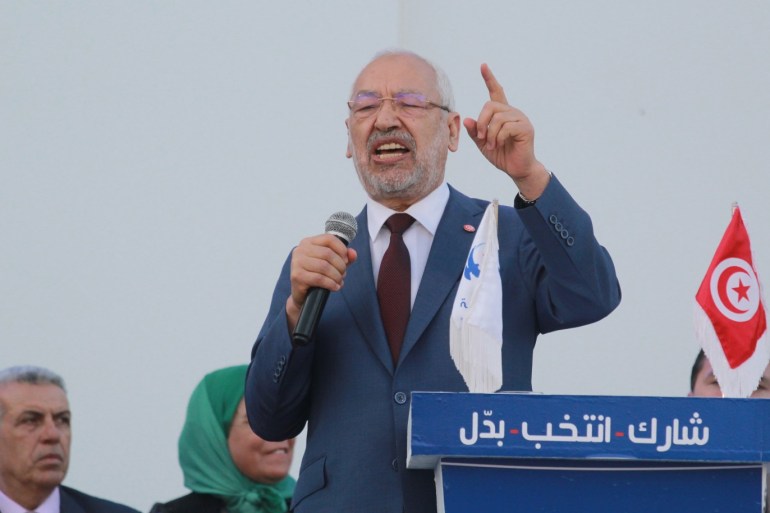 Ahead of Local Elections in Tunisia- - SFAX, TUNISIA - APRIL 28: Leader of the En-Nahda Movement Rached Ghannouchi delivers a speech during a meeting ahead of Local Elections, in Sfax, Tunisia on April 28, 2018.