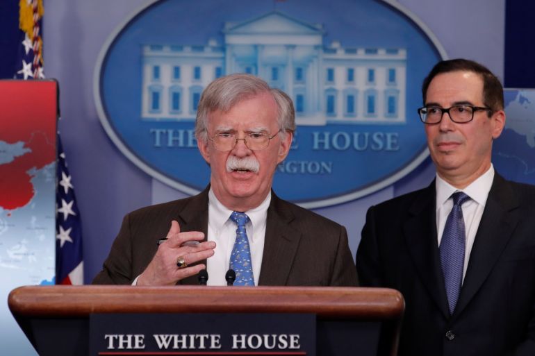 White House National Security Adviser John Bolton and Treasury Secretary Steven Mnuchin announce economic sanctions against Venezuela and the Venezuelan state owned oil company Petroleos de Venezuela (PdVSA) during a press briefing at the White House in Washington, U.S., January 28, 2019. REUTERS/Jim Young