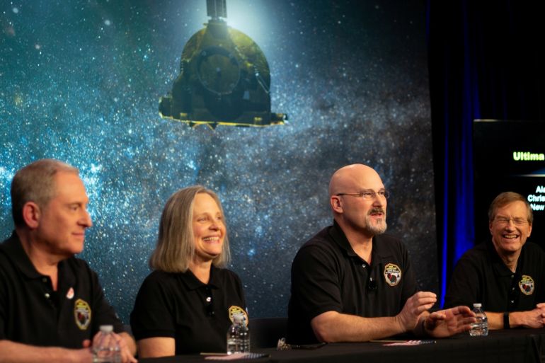 New Horizons principal investigator Alan Stern of the Southwest Research Institute (SwRI), New Horizons Mission Operations Manager Alice Bowman of the Johns Hopkins University Applied Physics Laboratory (APL), New Horizons mission systems engineer Chris Hersman of Johns Hopkins University APL and New Horizons project scientist Hal Weaver of Johns Hopkins University APL, participate in a news conference after the team received confirmation from the New Horizons spacecraft that it has completed the flyby of Ultima Thule, in Laurel, Maryland, U.S., January 1, 2019. NASA/Joel Kowsky/Handout via REUTERS ATTENTION EDITORS - THIS IMAGE WAS PROVIDED BY A THIRD PARTY. MANDATORY CREDIT