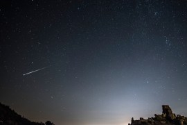 CORFE CASTLE, UNITED KINGDOM - AUGUST 12: A Perseid Meteor flashes across the night sky above Corfe Castle on August 12, 2016 in Corfe Castle, United Kingdom. The Perseids meteor shower occurs every year when the Earth passes through the cloud of debris left by Comet Swift-Tuttle, and appear to radiate from the constellation Perseus in the north eastern sky. (Photo by Dan Kitwood/Getty Images)