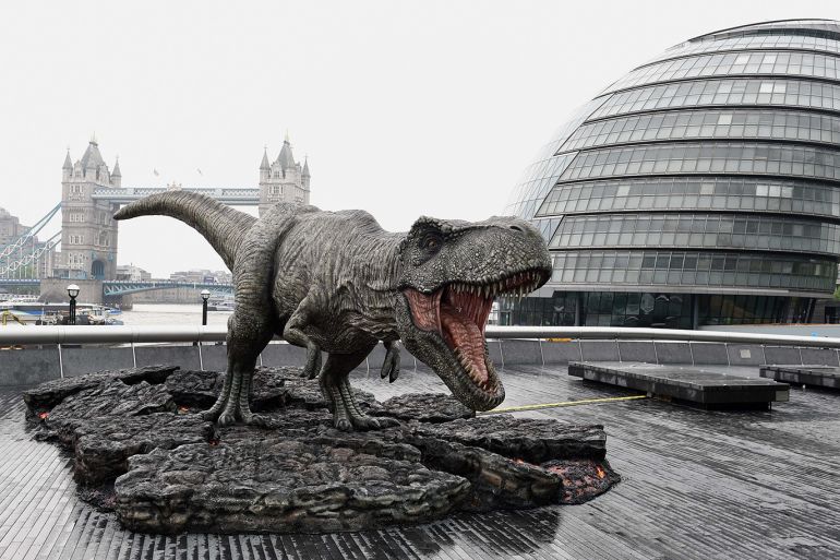LONDON, ENGLAND - MAY 24: General view of a model Dinosaur during the 'Jurassic World: Fallen Kingdom' photocall at London Bridge on May 24, 2018 in London, England. (Photo by Stuart C. Wilson/Getty Images)