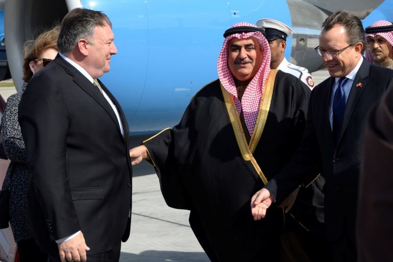 U.S. Secretary of State Mike Pompeo is greeted by Bahraini Foreign Minister Khalid bin Ahmed Al Khalifa after arriving at Manama International Airport in Manama, Bahrain, January 11, 2019. Andrew Caballero-Reynolds/Pool via REUTERS