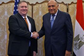 U.S. Secretary of State Mike Pompeo shakes hands with his Egyptian counterpart Sameh Shoukry following their meeting at the ministry of foreign affairs in Cairo, Egypt, January 10, 2019. Andrew Caballero-Reynolds/Pool via REUTERS