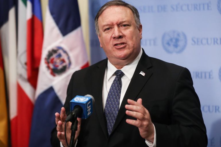 U.S. Secretary of State Mike Pompeo - - NEW YORK, USA - JANUARY 26 : U.S. Secretary of State Mike Pompeo, addresses the media following a Security Council meeting on the situation in Venezuela, at the United Nations headquarters in New York, United States on January 26, 2019.