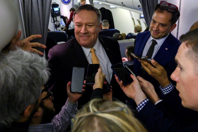 U.S. Secretary of State Mike Pompeo speaks with the press as he flies to the Middle East on January 7, 2019. Andrew Caballero-Reynolds/Pool via REUTERS