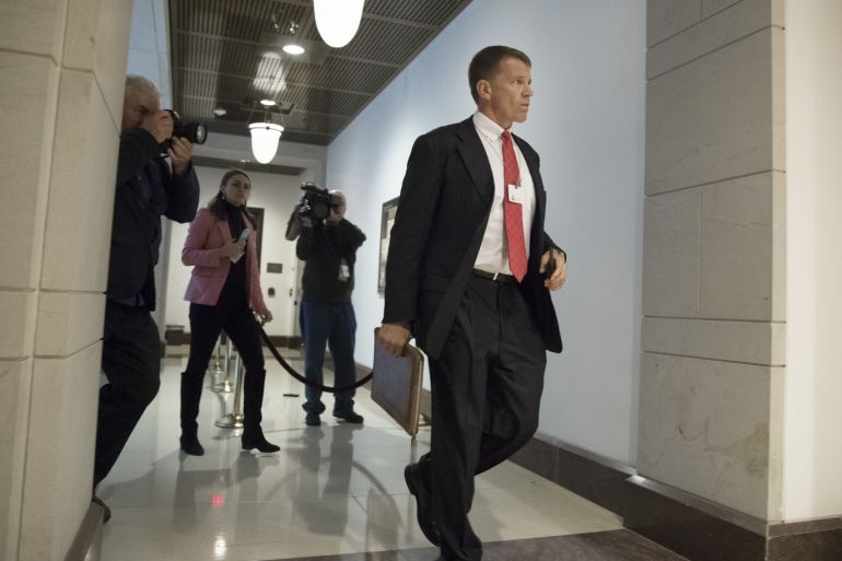 epa06360158 Erik Prince, founder of Blackwater security firm, goes to appear at a closed meeting of the House Permanent Select Committee on Intelligence, on Capitol Hill in Washington, DC, USA, 30 November 2017. Prince is expected to face questions regarding his contacts with Russia during the Trump presidential campaign in 2016. EPA-EFE/MICHAEL REYNOLDS