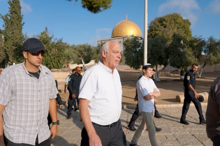 Dozens of Jewish settlers storm Al-Aqsa compound- - JERUSALEM - SEPTEMBER 9 : (----EDITORIAL USE ONLY MANDATORY CREDIT - 'JERUSALEM ISLAMIC WAQF / HANDOUT' - NO MARKETING NO ADVERTISING CAMPAIGNS - DISTRIBUTED AS A SERVICE TO CLIENTS----) Israeli Agriculture Minister Uri Ariel (C) and dozens of Israeli settlers storm Al-Aqsa compound on September 9, 2018. “More than 150 Jewish settlers stormed the holy compound through the Al-Mugharbah gate,” Firas al-Dibs, a spokesm