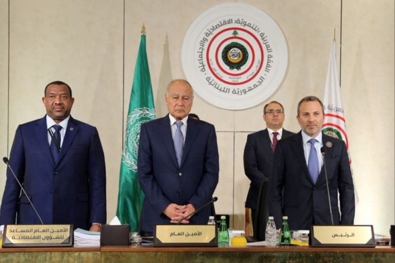 epa07297144 Arab League Secretary General Ahmed Aboul Gheit (2L) and Lebanese Foreign Affairs Minister, Gibran Bassil (2R) during a meeting of the Arab Economic and Social Development Summit at Phoenicia hotel in Beirut, Lebanon, 18 January 2019. According to media reports, the Lebanese state was informed a day earlier that the Arab countries will not participate in the economic summit at the level of presidents, kings, and princes, and that the representation will be limited to Ministers of Foreign Affairs and Economy, because of the absence of a new Lebanese government. Only the presidents of Sudan, Tunisia, and Mauritania will participate in the summit on 20 January 2019. EPA-EFE/WAEL HAMZEH