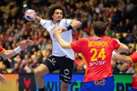 IHF World Men's Handball Championship - Spain v Egypt 2019 - Herning, Denmark - January 26, 2019. Ali Zeinelabedin of Egypt and Viran Morros de Argila of Spain in action. Ritzau Scanpix/Bo Amstrup via REUTERS ATTENTION EDITORS - THIS IMAGE WAS PROVIDED BY A THIRD PARTY. DENMARK OUT. NO COMMERCIAL OR EDITORIAL SALES IN DENMARK.