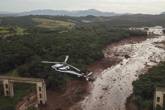 BRUMADINHO, BRAZIL - JANUARY 26: Aerial view mud-hit area in Corrego do Feijao near the town of Brumadinho in the state of Minas Gerias in southeastern Brazil, on January 26, 2019 a day after the collapse of a dam at an iron-ore mine belonging to Brazil's giant mining company Vale. It has been reported that at least nine people were killed and around 300 more are missing. (Photo by Pedro Vilela/Getty Images)