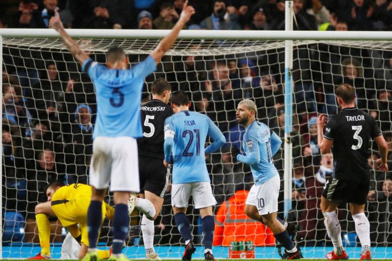 Soccer Football - FA Cup Fourth Round - Manchester City v Burnley - Etihad Stadium, Manchester, Britain - January 26, 2019 Manchester City's Sergio Aguero celebrates scoring their fifth goal Action Images via Reuters/Jason Cairnduff