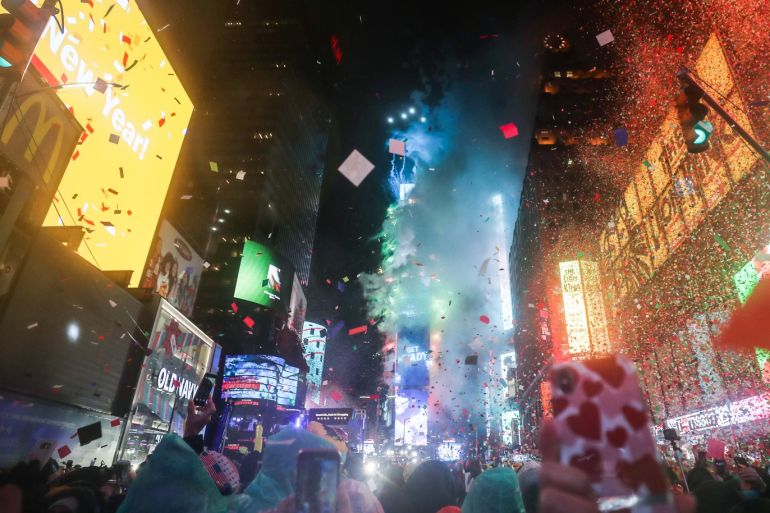 New Year celebrations in New York- - NEW YORK, USA - JANUARY 01: People celebrate new year at Times Square in New York, United States on January 01, 2019.