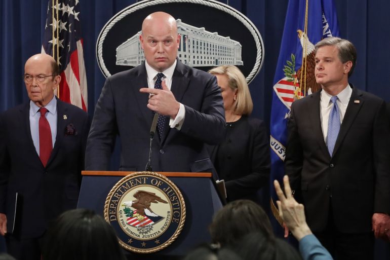 WASHINGTON, DC - JANUARY 28: (L-R) U.S. Commerce Secretary Wilbur Ross, acting Attorney General Matthew Whitaker, Homeland Security Secretary Kirstjen Nielsen, Federal Bureau of Investigation Director Christopher Wray and U.S. Attorney Richard Donoghue of the Eastern District of New York announce new criminal charges against Chinese telecommunications giant Huawei at the Department of Justice January 28, 2019 in Washington, DC. The Justice Department is charging Huawei
