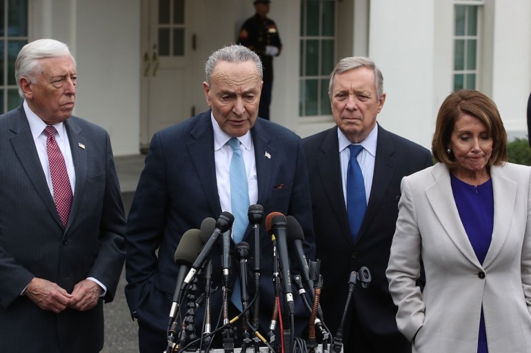 WASHINGTON, DC - JANUARY 04: House Speaker Nancy Pelosi (D-CA), Senate Minority Leader Charles Schumer (D-NY), House Majority Leader Steny Hoyer (D-MD) and Sen. Dick Durbin (D-IL) speak to the media after meeting with U.S. President Donald Trump about ending the partial government shutdown, on January 4, 2019 in Washington, DC. The U.S government is going into the 13th day of a partial shutdown with Republicans and Democrats at odds on agreeing with President Donald Tru