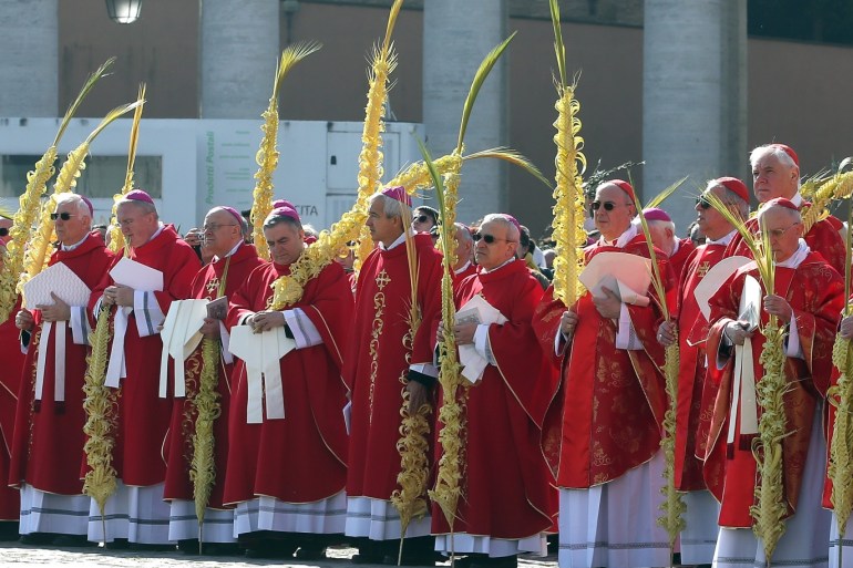 VATICAN CITY, VATICAN - MARCH 20: Bishops and cardinals attend the Palm Sunday Mass celebrated by Pope Francis at St. Peter's Square on March 20, 2016 in Vatican City, Vatican. Pope Francis on Sunday presided at the Procession and Mass for Palm Sunday, as the Church enters into the celebration of Holy Week. Palm Sunday commemorates the triumphal entry of Jesus into Jerusalem one week before His Passion, Death, and Resurrection. (Photo by Franco Origlia/Getty Images)