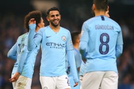 MANCHESTER, ENGLAND - JANUARY 06: Riyad Mahrez of Manchester City celebrates with teammates after scoring his team's fifth goal during the FA Cup Third Round match between Manchester City and Rotherham United at the Etihad Stadium on January 6, 2019 in Manchester, United Kingdom. (Photo by Alex Livesey/Getty Images)