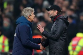 LONDON, ENGLAND - FEBRUARY 04: Manuel Pellegrini, Manager of West Ham United and Jurgen Klopp, Manager of Liverpool speak following their draw in the the Premier League match between West Ham United and Liverpool FC at London Stadium on February 04, 2019 in London, United Kingdom. (Photo by Catherine Ivill/Getty Images)