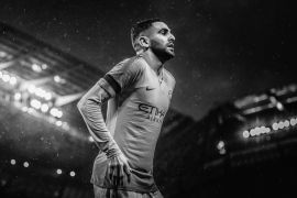 MANCHESTER, ENGLAND - JANUARY 26: (EDITORS NOTE: Image has been digitally enhanced.) Riyad Mahrez of Manchester City looks on during the FA Cup Fourth Round match between Manchester City and Burnley at Etihad Stadium on January 26, 2019 in Manchester, United Kingdom. (Photo by Michael Regan/Getty Images)