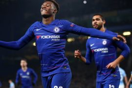 LONDON, ENGLAND - FEBRUARY 21: Callum Hudson-Odoi of Chelsea celebrates after he scores his sides third goal during the UEFA Europa League Round of 32 Second Leg match between Chelsea and Malmo FF at Stamford Bridge on February 21, 2019 in London, England. (Photo by Julian Finney/Getty Images)