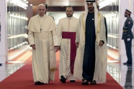 epa07340970 Pope Francis (L) is welcomed by Abu Dhabi's Crown Prince Sheikh Mohammed bin Zayed Al Nahyan, upon his arrival at the Abu Dhabi airport, United Arab Emirates, 03 February 2019. Pope Francis arrived on three-day visit to the UAE, making him the first pontiff to visit an Arab Gulf state. He will attend an interreligious conference and lead a mass at the Zayed Sports City. The UAE is a Muslim-majority county, however there are some 1.2 million Christian expatr