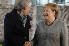 epa07223463 German Chancellor Angela Merkel (R) welcomes British Prime Minister Theresa May (L) at the Chancellery in Berlin, Germany, 11 December 2018. British Prime Minister Theresa May postponed the Brexit deal Meaningful Vote, on 11 December 2018 due to risk of rejection from Members of Parliament. Theresa May is currently on a whistle stop tour of Europe calling on the leaders of the Netherlands, Germany and EU in Brussels looking for new guide lines for her Northern Ireland backstop. EPA-EFE/FOCKE STRANGMANN