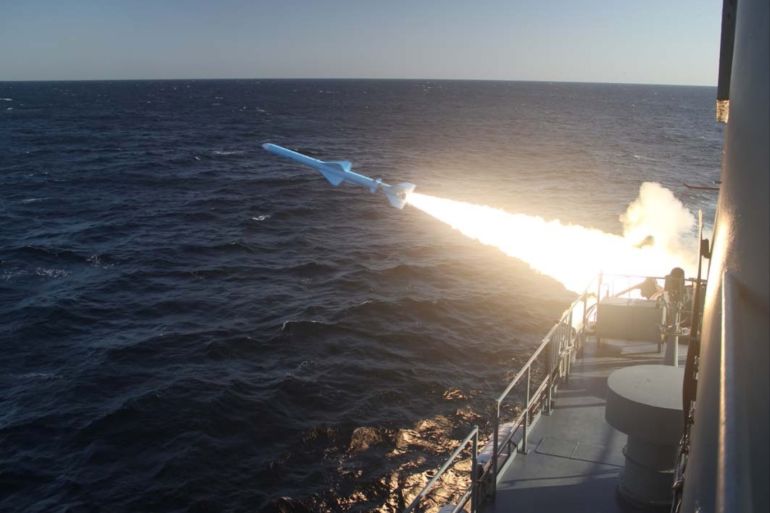 epa07389679 A handout photo made available by the Iranian Navy office shows Iranian navy test fires ground-to-ship short-range cruise missile Ghader during an Iranian navy military drill on the Sea of Oman, southern Iran, 23 February 2019. Media reported that Iran on 22 February began large-scale thre-days naval drills in the Gulf of Oman, with more than 100 vessels reported to be deployed. EPA-EFE/Iranian Navy Office / HANDOUT HANDOUT EDITORIAL USE ONLY/NO SALES